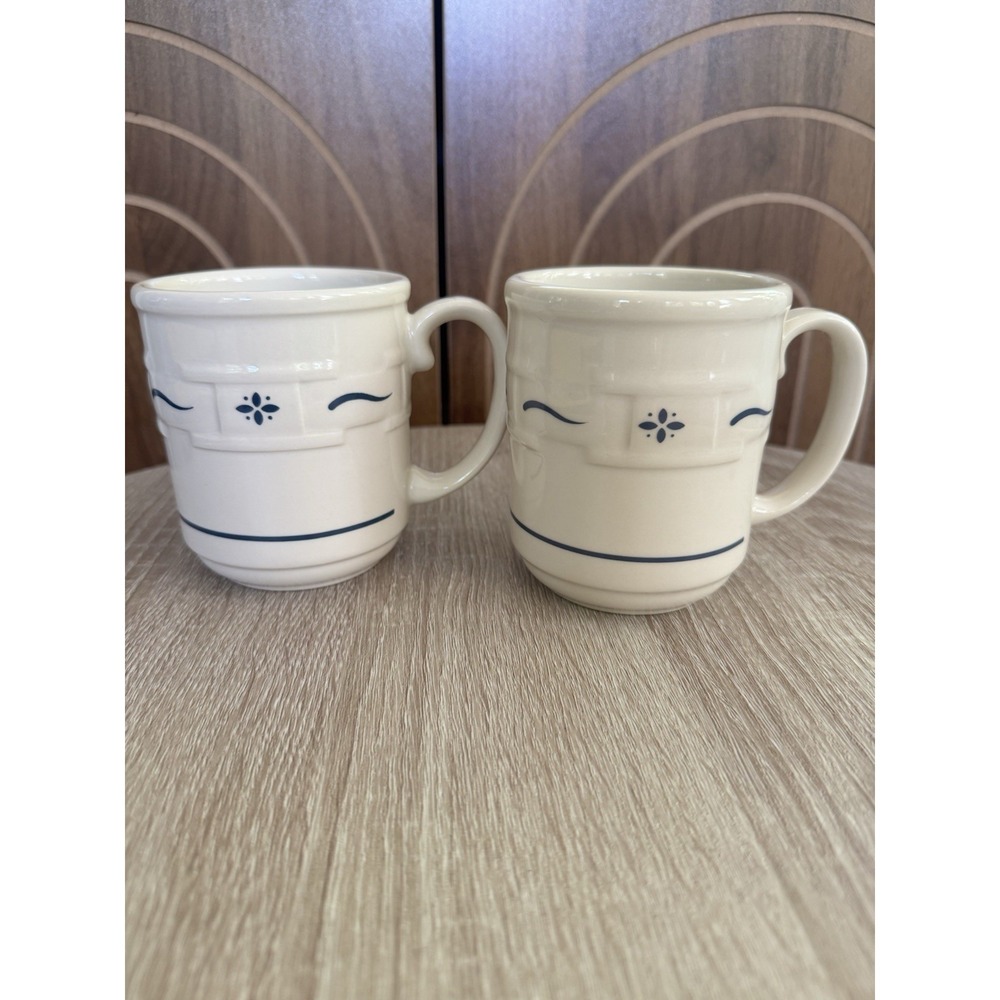 Set of 2 Longaberger Pottery Woven Traditions Classic Blue Coffee Mug Cups USA